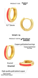 Detail view of 18K gold plated hoop earrings with red enamel measuring 12mm in diameter
