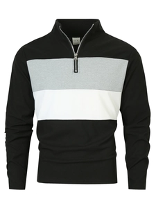 Détail du sweat à fermeture éclair tricolore avec empiècements noirs, gris et blancs