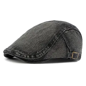 Béret vintage en denim gris foncé délavé avec boucle en métal réglable pour hommes et femmes