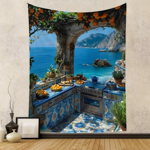 Detail of Mediterranean seaside kitchen tapestry with orange trees and blue ocean view