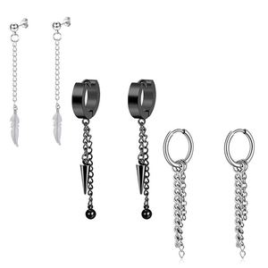 Set of three pairs of black and silver stainless steel earrings with feather and chain charms