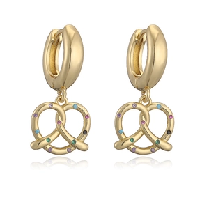 Minimalist gold pretzel hoop earrings with multi-color zircon stones on white background