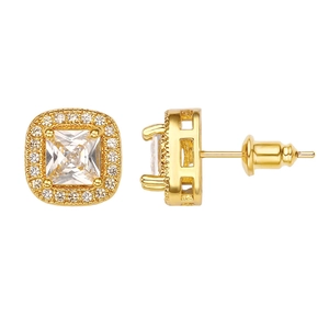 Square cut zircon stud earrings with 18k gold plating and halo diamond setting