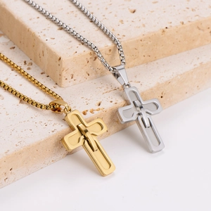 Double-layered gold and silver stainless steel cross necklaces with box chains for couples