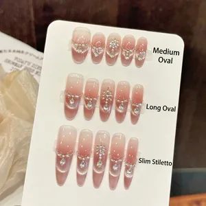 Handmade Press On Nails Pink Gradient Cat Eye Effect With Rhinestones And Artificial Pearls French Elegant Luxury Fake Nails