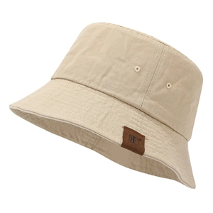 Cappello da pescatore retrò in cotone kaki con etichetta in pelle e tesa larga
