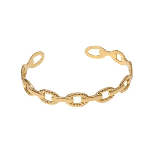 Polished gold stainless steel open bangle with stylish geometric chain link design