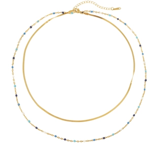 Detail of double-layer 18K gold plated stainless steel necklace with colorful beads