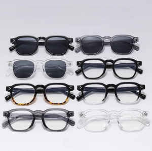 Matrix display of 8 stylish square sunglasses with metal rivets and assorted frames