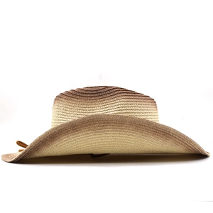 Close-up of a gradient woven straw cowboy hat featuring a rustic brown adjustable cord