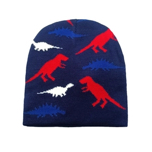 Dark blue knit beanie for boys featuring colorful all-over cartoon dinosaur patterns