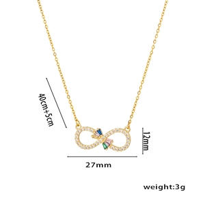 Infinity heart necklace with gold plating and colorful zirconia stones on white background