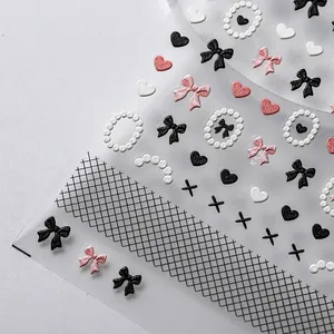 5D embossed bow and pearl nail stickers with 3D texture and chic design for manicure