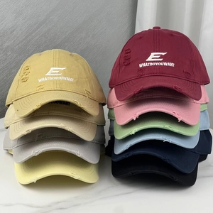 Distressed Baseball Cap Washed Cotton Embroidered Letter E Worn Ripped Curved Brim Adjustable Sunshade Hat Unisex