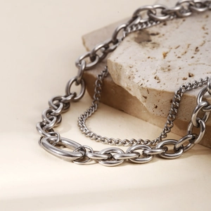 Silver double layer stainless steel necklace with bold curb and thin link chains