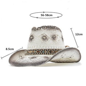 Women's hollow cowboy straw hat with sun protection and stylish wide brim measurement guide