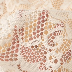 Primo piano del tessuto in pizzo beige con motivi a rete intricati e dettagli traforati