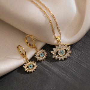 Vintage 18K gold plated evil eye jewelry set with blue zircon necklace and earrings