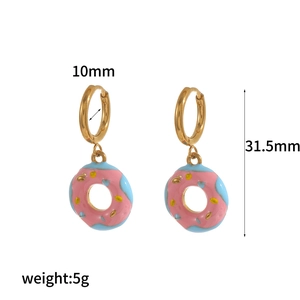 Detail of pink and blue donut earrings in gold finish with 31.5mm total length