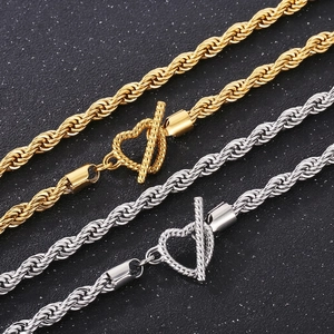 Men Rope Chain Necklace Stainless Steel Heart Round Skull Toggle Clasp Fashionable Hip Hop Trendy Jewelry Accessory