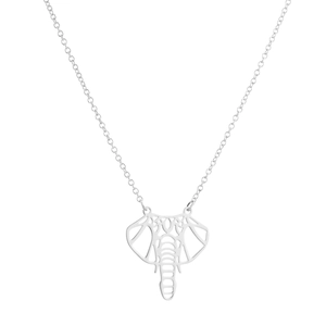 Detailed close-up of geometric origami elephant pendant on a fine silver chain