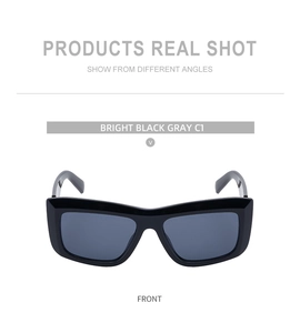 Front view of stylish rectangular black frame sunglasses with gray lenses for women