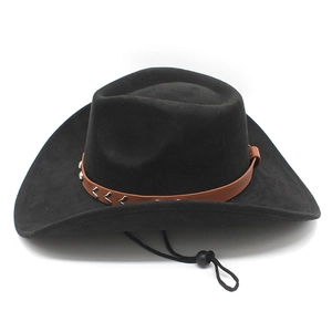 Detail of black faux suede western cowboy hat with brown studded leather band
