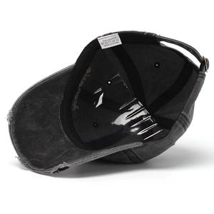 Distressed dark gray cotton baseball cap with side embroidery and adjustable metal buckle