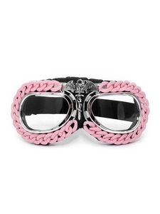 Detail of pink chain goggles with a silver dragon crest and black elastic strap