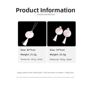 Detail view of bohemian shell disk necklace and tassel earrings with product measurements