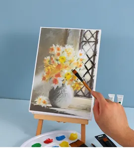 Art painting set featuring a floral canvas, wooden tripod stand, and colorful acrylic tubes