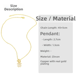 Detail view of a gold family pendant necklace with zircon inlay and product dimensions