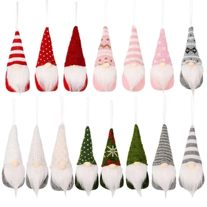 Set of 14 colorful knitted Christmas gnomes with striped hats and faux fur beards