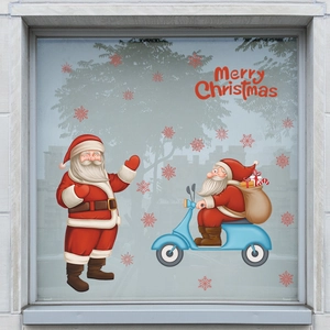 Christmas Santa Claus on motorcycle window decal with snowflakes for glass decoration