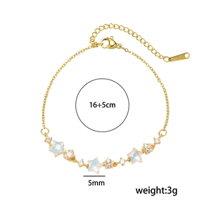 Golden stainless steel star bracelet with opal and zircon charms, length 16+5cm