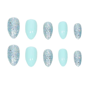 Blue glitter almond fake nails set with solid light blue glossy finish press-on nails