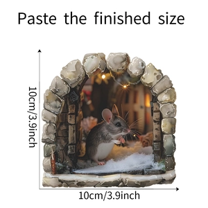 Detail of 3D Christmas mouse hole wall sticker with stone arch and snow effect, 10cm size