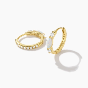 Detailed close-up of golden S925 sterling silver hoop earrings with marquise opal and zircons