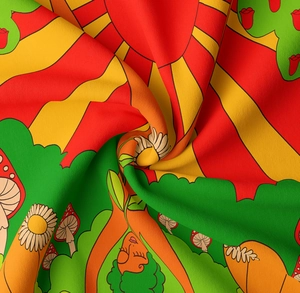 Detailed close-up showing fabric texture with vibrant sun, mushroom, and floral prints