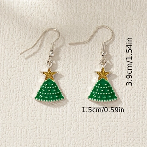 Elegant green Christmas tree earrings with gold stars and white dots, 3.9cm x 1.5cm size