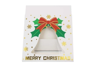 Close-up of Christmas chocolate box with bell-shaped window and gold foil stamping