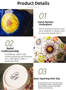 Detail of hand-painted floral ceramic mug showing embossed glaze texture and anti-slip base