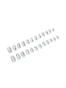 Detailed flat lay of 24pcs square press-on nails with silver butterfly and flower motifs