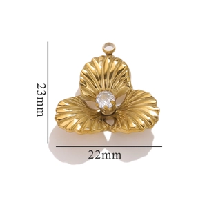 Detailed view of gold shell flower pendant with zircon inlay and 23mm size dimensions