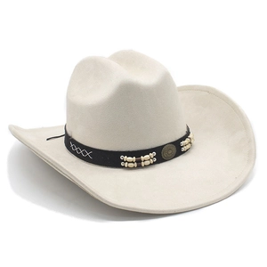 Close-up of cream western cowboy hat detailing suede texture and beaded black band