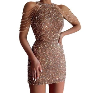 Sparkly champagne sequin mini dress with elegant multi-layer bead fringe cold shoulder straps