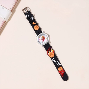 Kids sports watch with black silicone strap featuring basketball and fire patterns