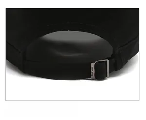Detail of adjustable metal buckle and stitching on black cotton baseball cap back