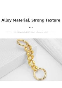 Detailed macro view of glossy gold pebble chain links with circular spring gate hooks