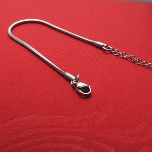 Detailed close-up of a silver titanium steel snake chain with a secure lobster clasp